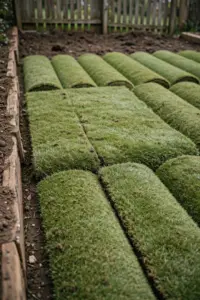 Freshly laid Kikuyu turf rolls in neat rows on a bare soil bed
