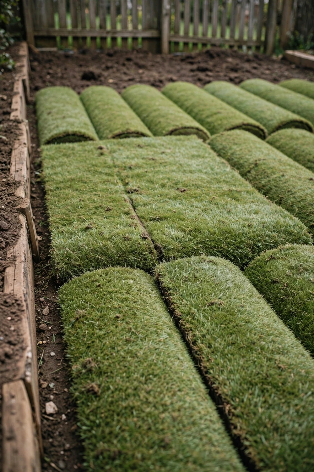 Freshly laid Kikuyu turf rolls in neat rows on a bare soil bed