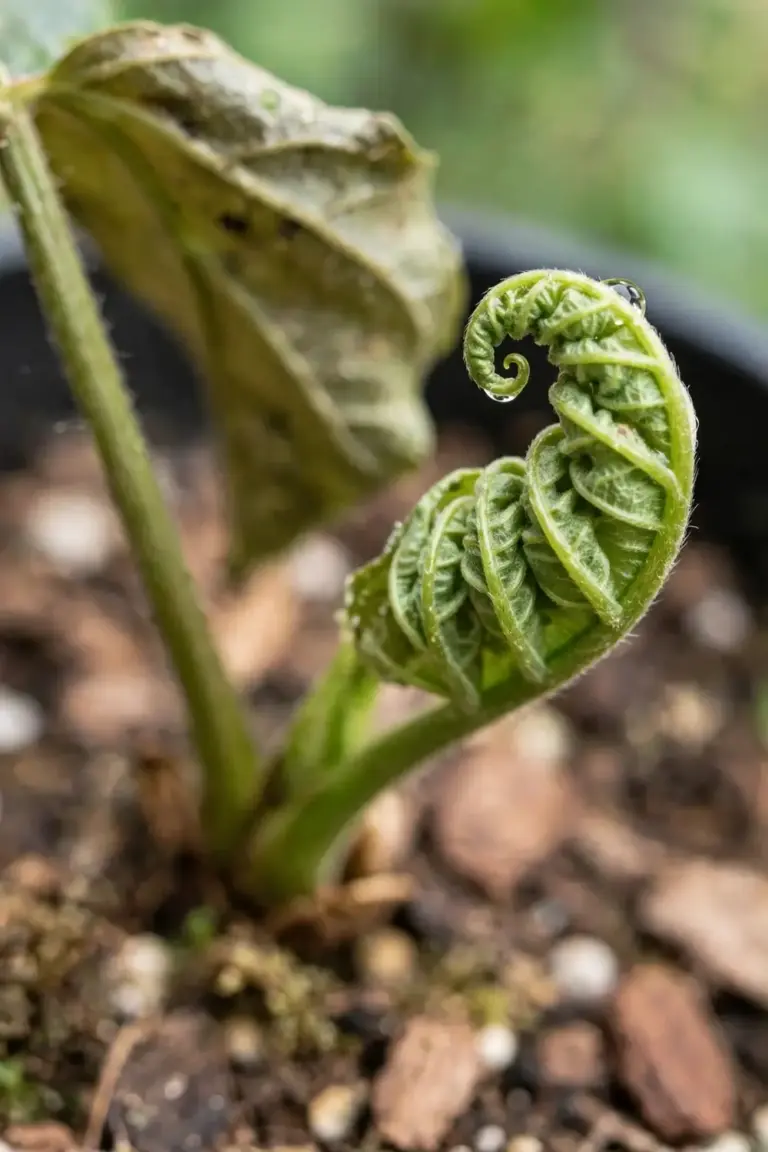 One fresh new leaf unfurling on a recovering plant