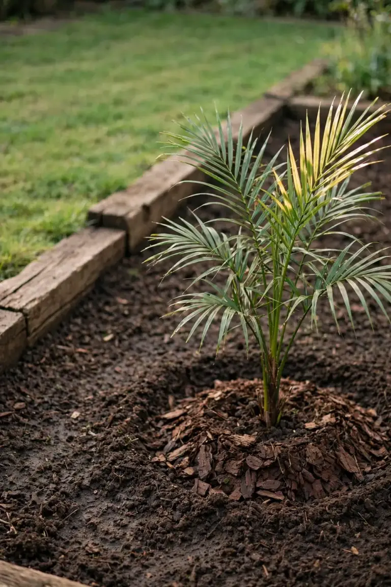 Newly planted young palm in a garden bed with a mulch ring