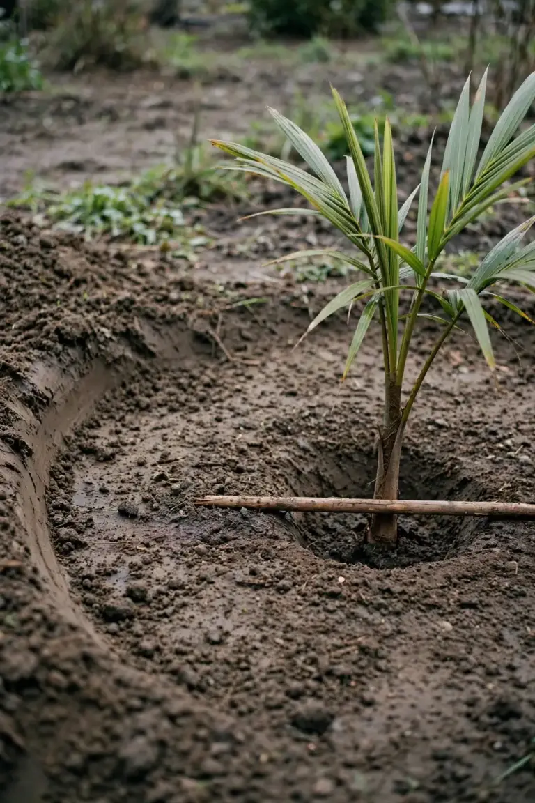 Newly planted palm with a mulch ring around its base at the correct depth