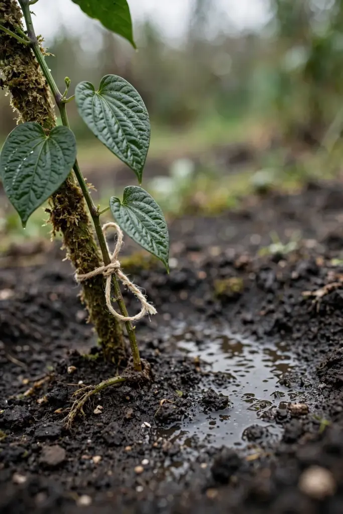 Newly planted Javanese long pepper vine with root collar level with the soil