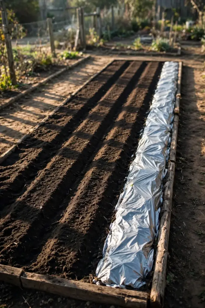Fresh cucurbit bed with clean soil rows and a weed-free border.