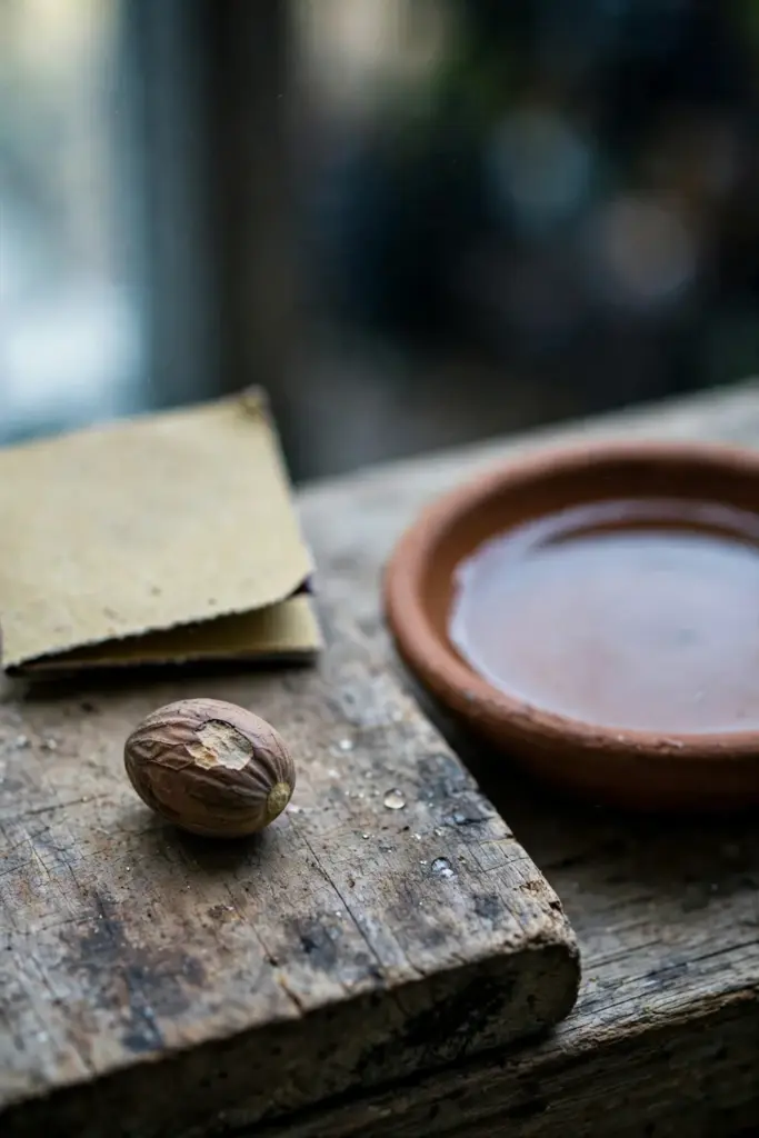 Nicked nutmeg seed with sandpaper and water dish for pre-sowing