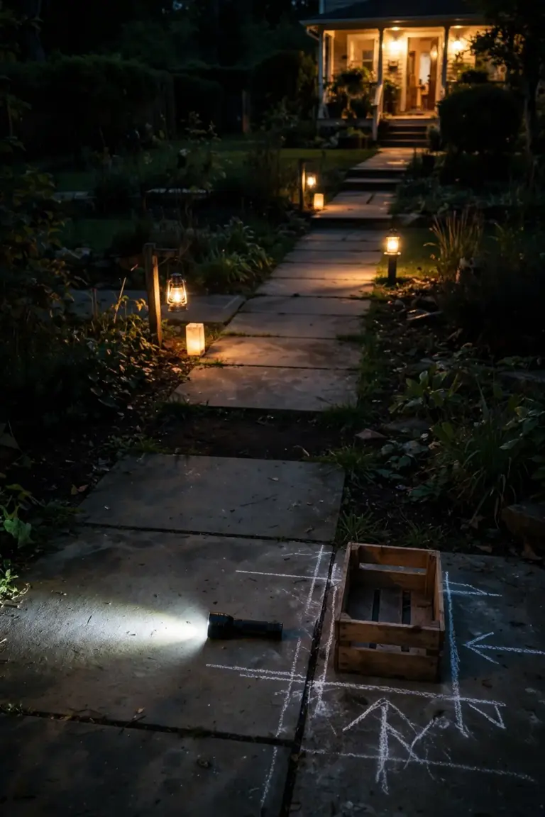 Garden walkway after dark lit by lanterns, with white chalk marks flagging a low prop on the concrete
