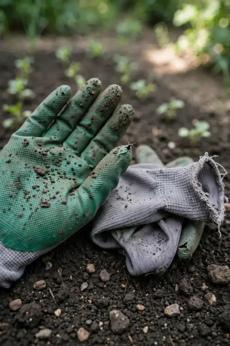 Nitrile-coated gardening gloves with soil crumbs resting on dark garden soil