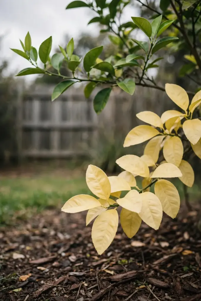 Uniform pale yellow older citrus leaves on a lower branch