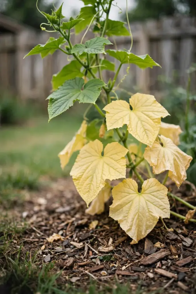 Uniformly pale yellow older cucumber leaves on a lower vine