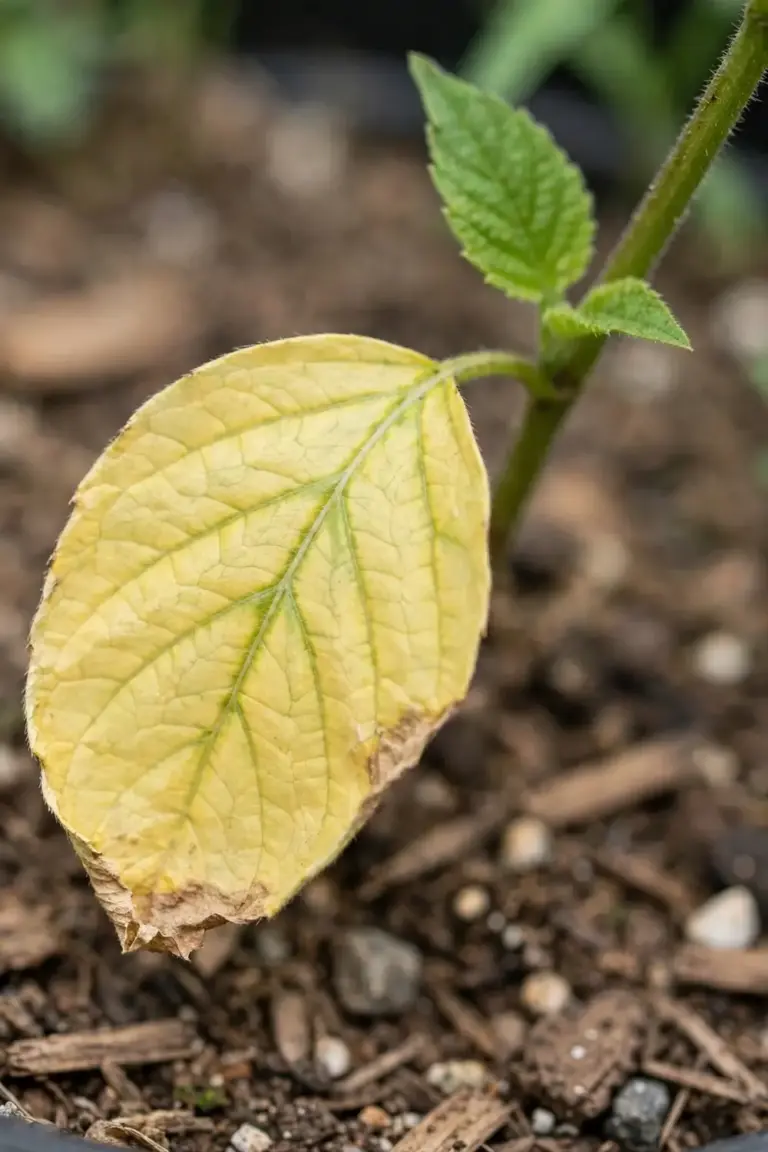 Older lower leaves yellowing on a nutrient-deficient plant