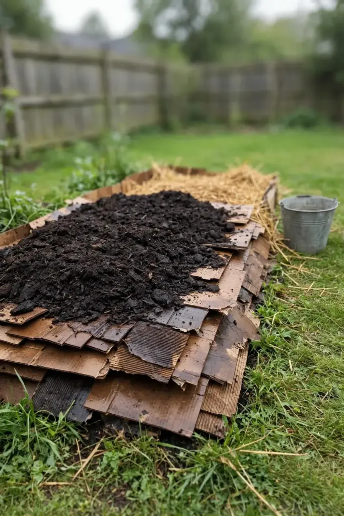 Cardboard and compost layers forming a no-dig garden bed