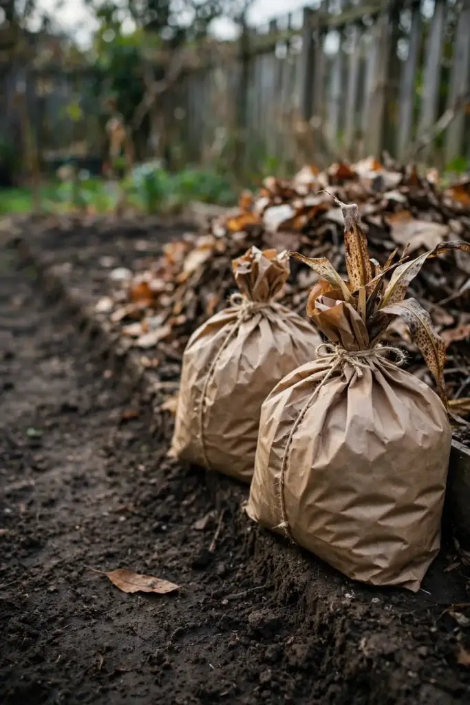 Tied yard-waste bags of blighted corn debris at a cleared bed edge.