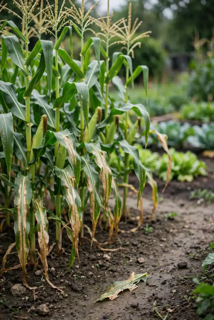 Backyard sweet corn patch with blighted lower leaves and green upper leaves.