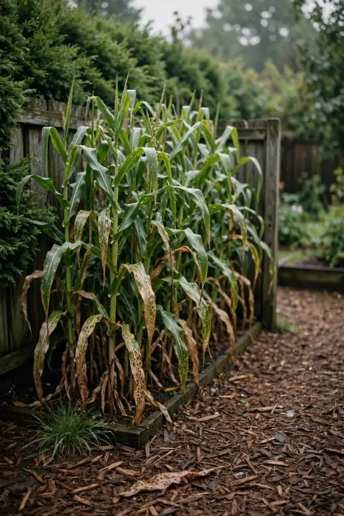 Dense corn patch in a fenced bed with blighted lower leaves holding dew.