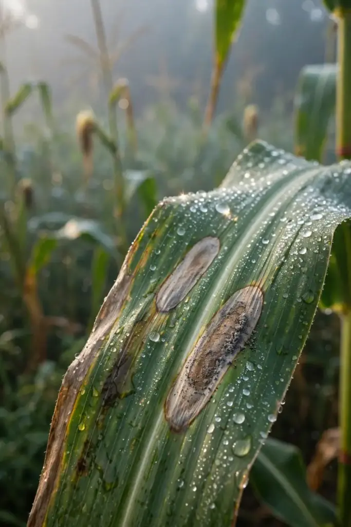 Dew beads on a corn leaf beside cigar-shaped blight lesions.
