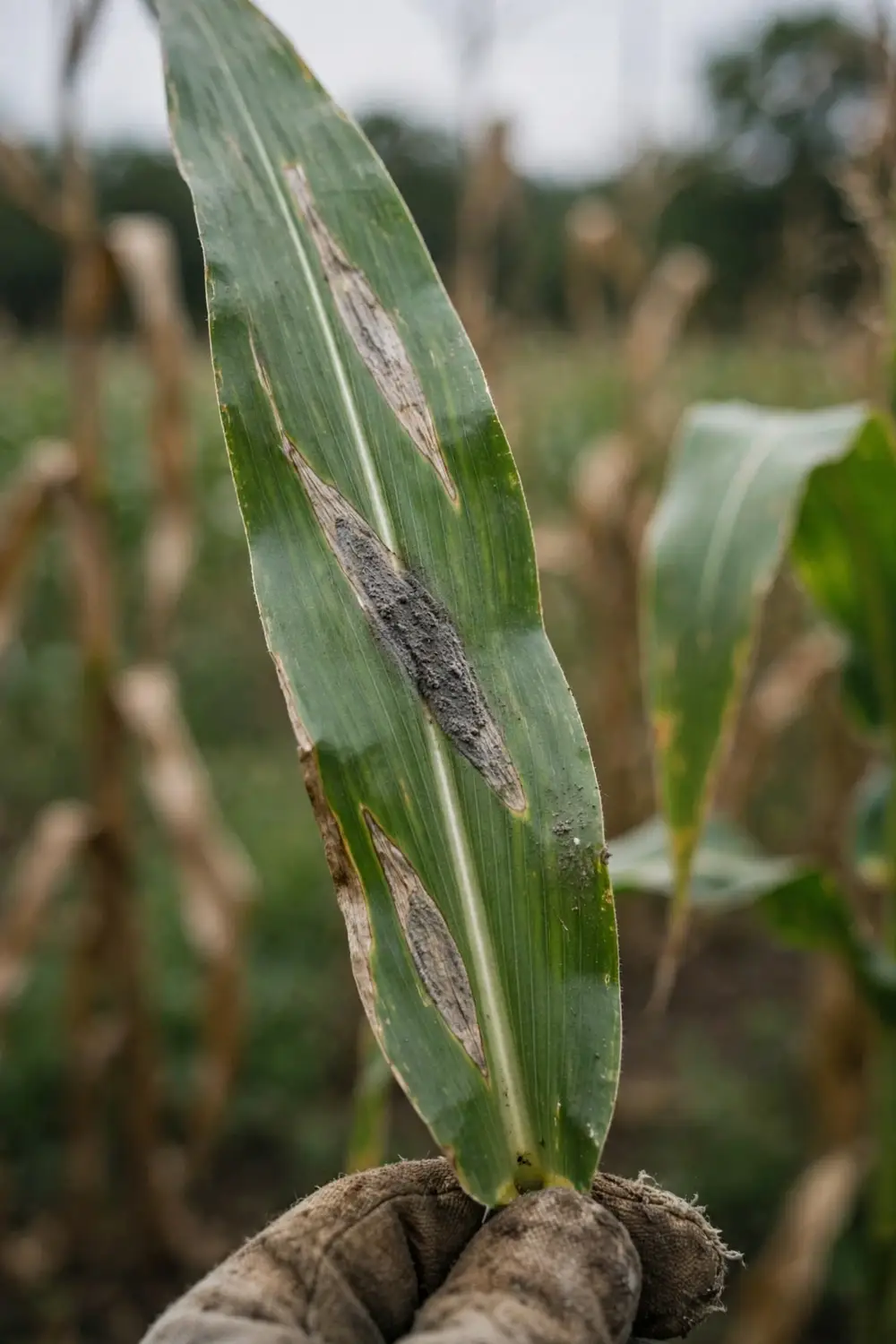 Corn leaf with long cigar-shaped northern corn leaf blight lesions held in a worn garden mitt