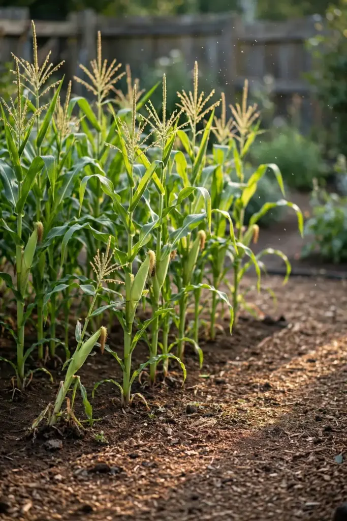 Healthy backyard sweet corn patch in morning light.