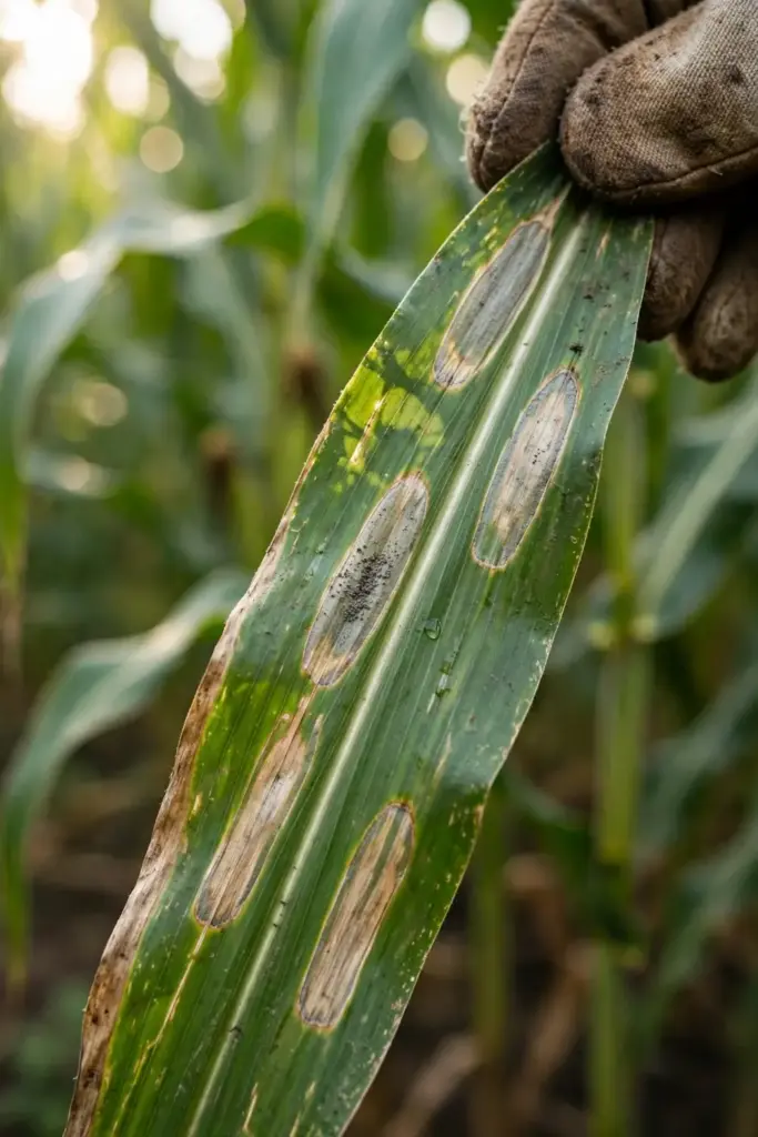 Corn leaf with five cigar-shaped blight lesions held in a worn garden mitt.