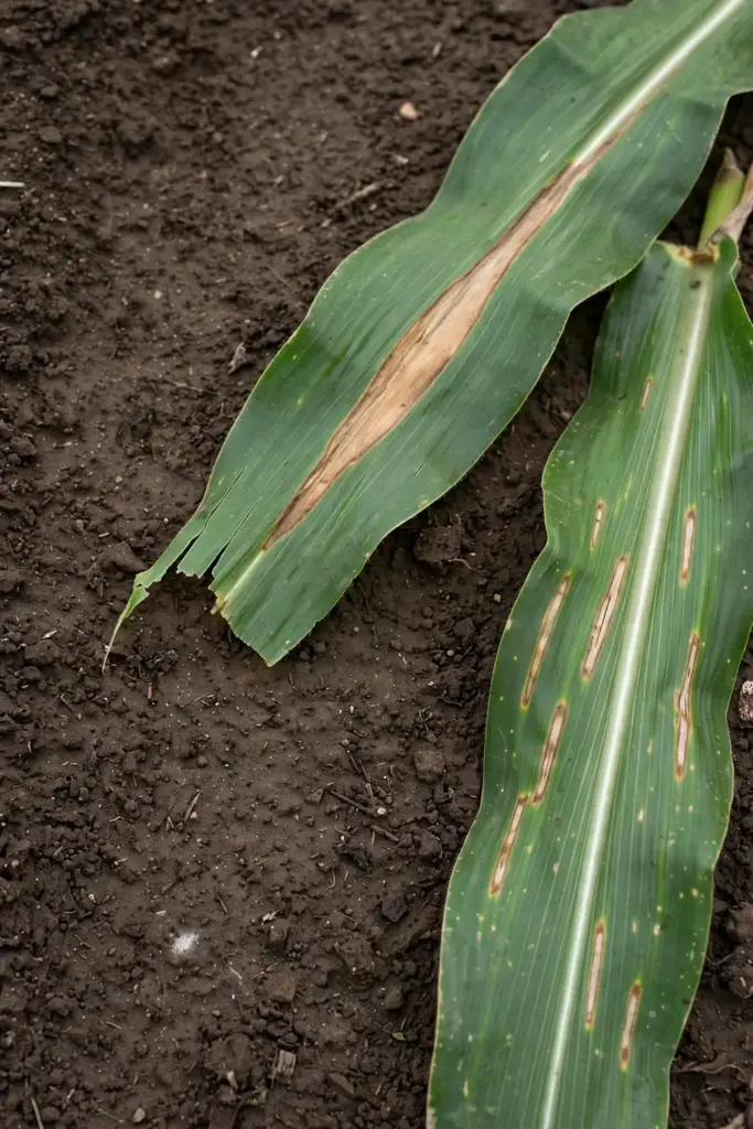 Two corn leaves side by side comparing long and small blight lesions.