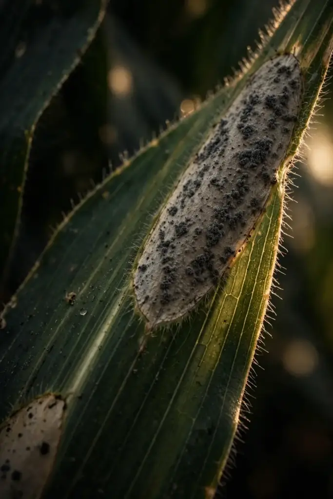 Extreme close-up of a sporulating northern corn leaf blight lesion.