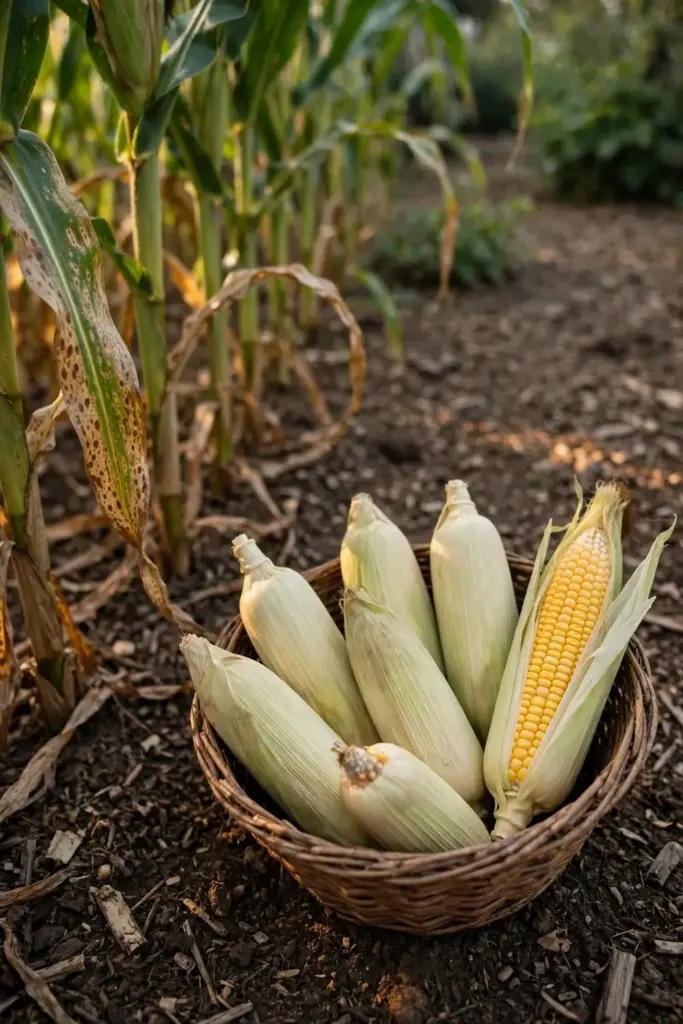 Basket of freshly picked sweet corn ears beside a blighted corn patch.