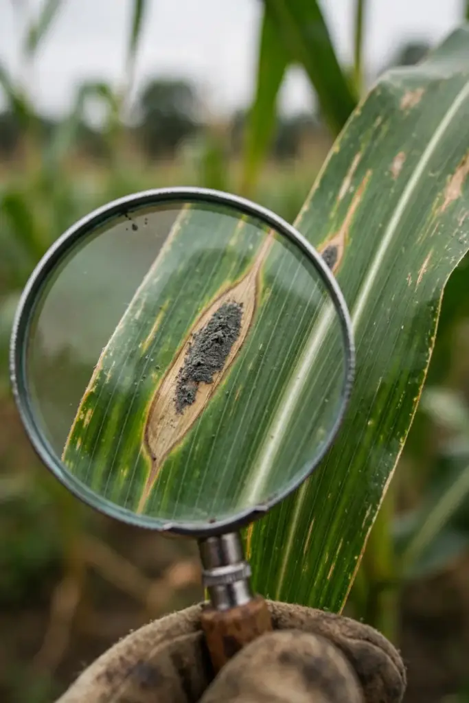 Magnifying glass enlarging a cigar-shaped blight lesion on a corn leaf.