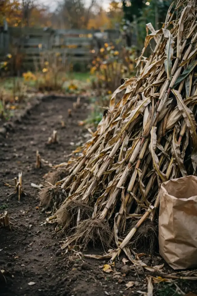 Pile of pulled corn stalks beside a cleared garden bed.