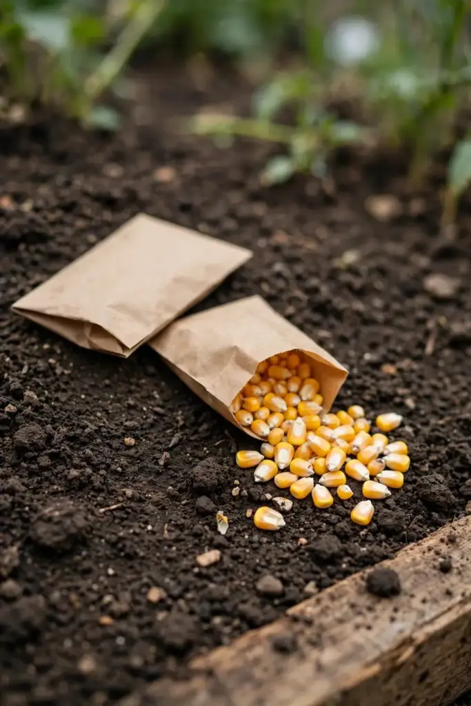 Blank seed packets and loose sweet corn kernels on dark soil.