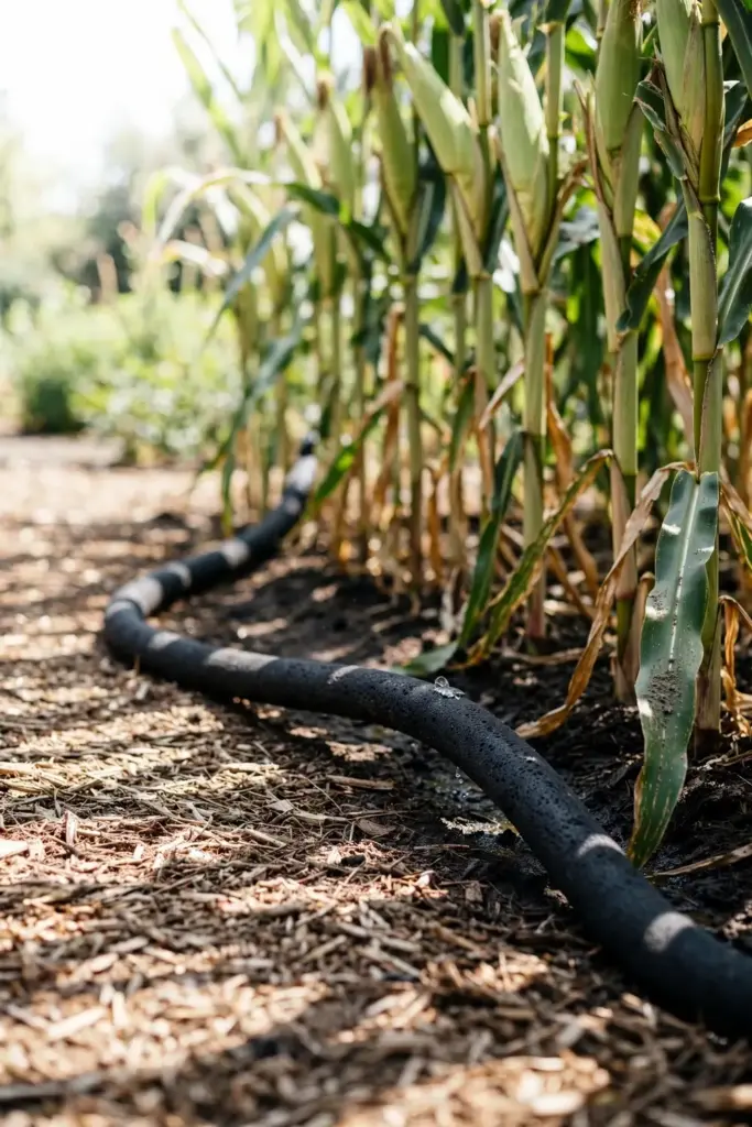 Soaker hose watering corn at the roots while leaves stay dry.
