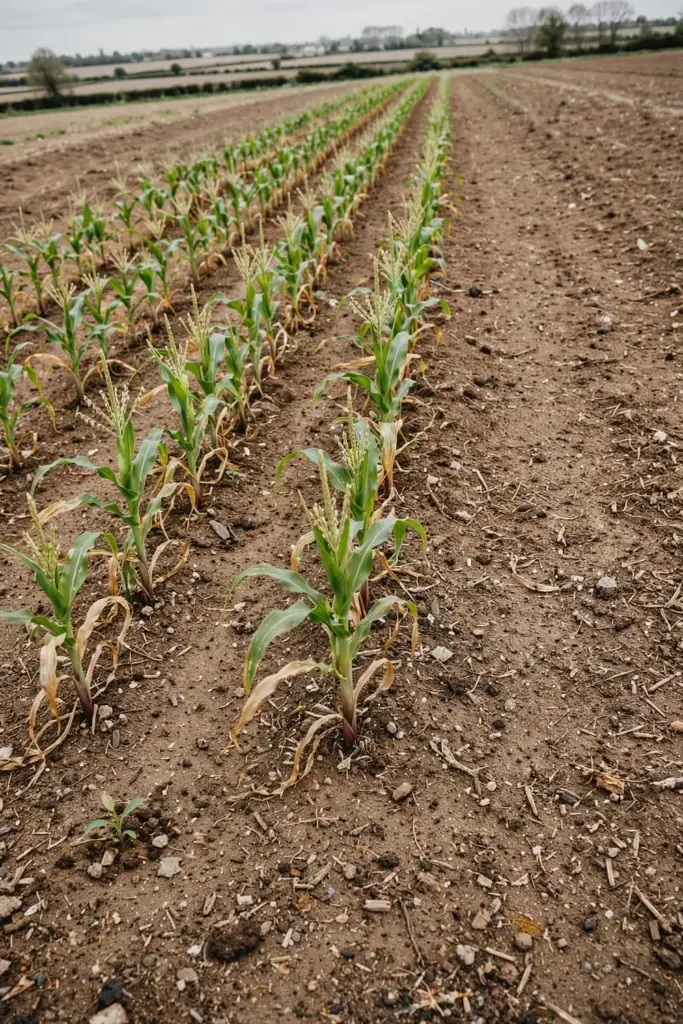 Widely spaced sweet corn rows with mulched paths between them.