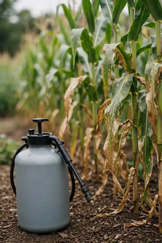 Plain garden sprayer beside corn with blighted lower leaves.
