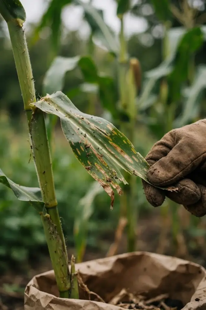 Worn garden mitt stripping a spotted lower leaf from a corn stalk.