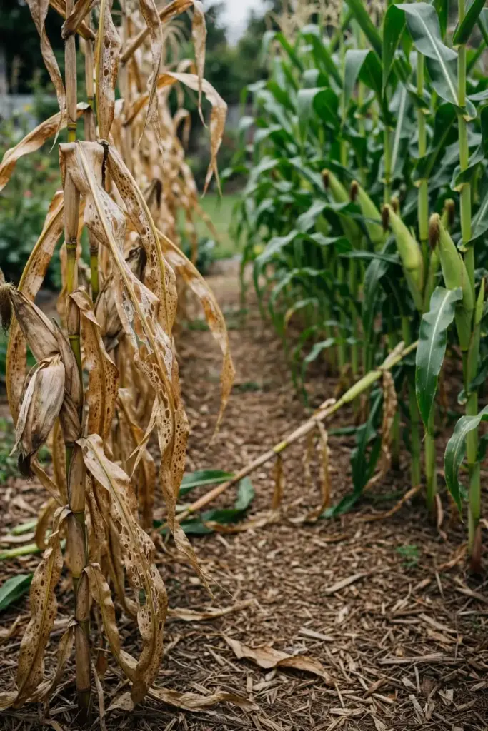 Blighted corn row with dead lower leaves beside a greener row.