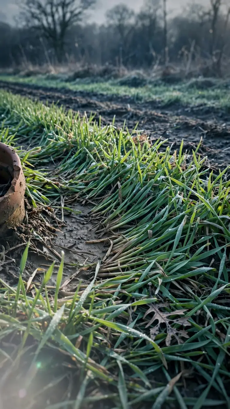 November bed green with young winter rye cover crop under low sun