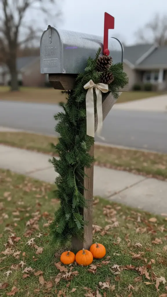Mailbox post wrapped in evergreen garland with mini pumpkins at the base