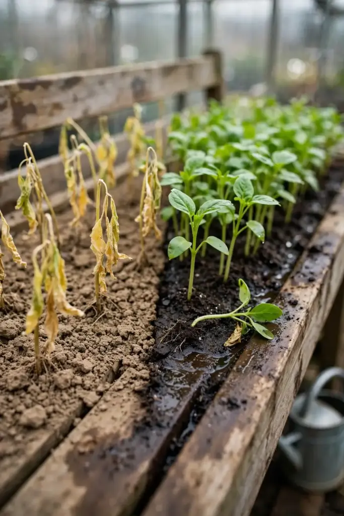 Nursery bench with thriving seedlings beside wilted overwatered ones.