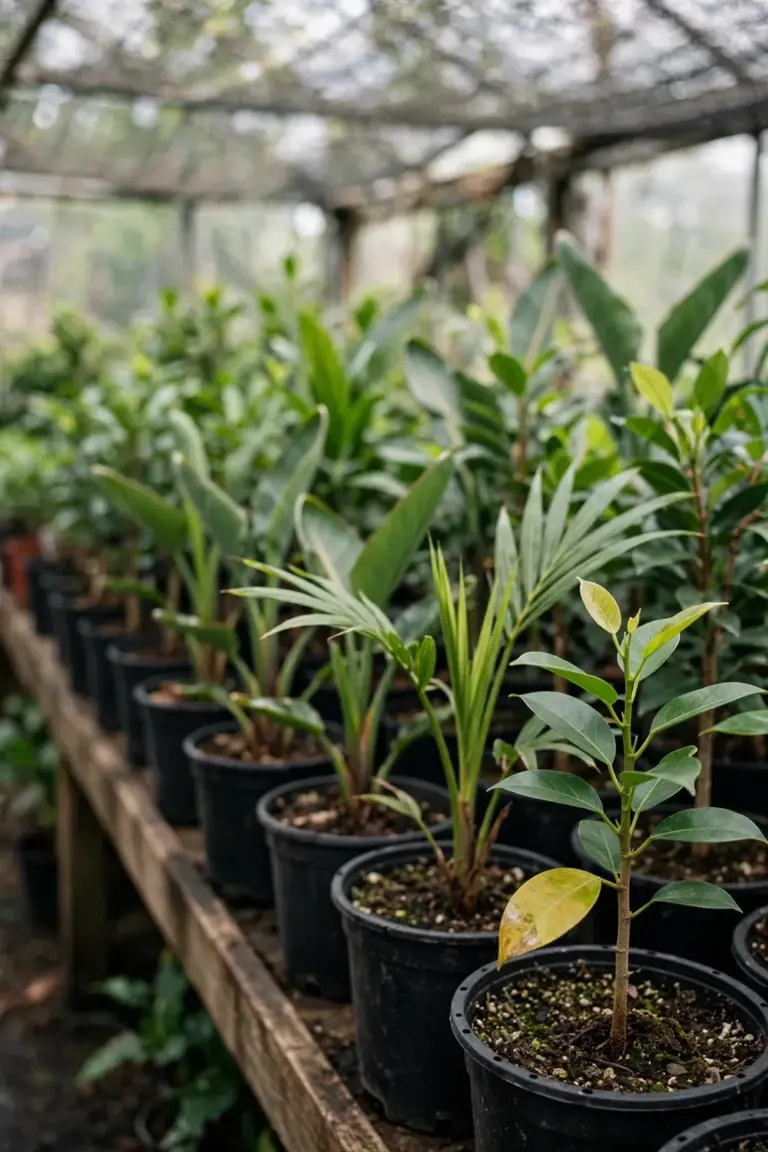 Nursery bench rows of young potted indoor trees under shade cloth