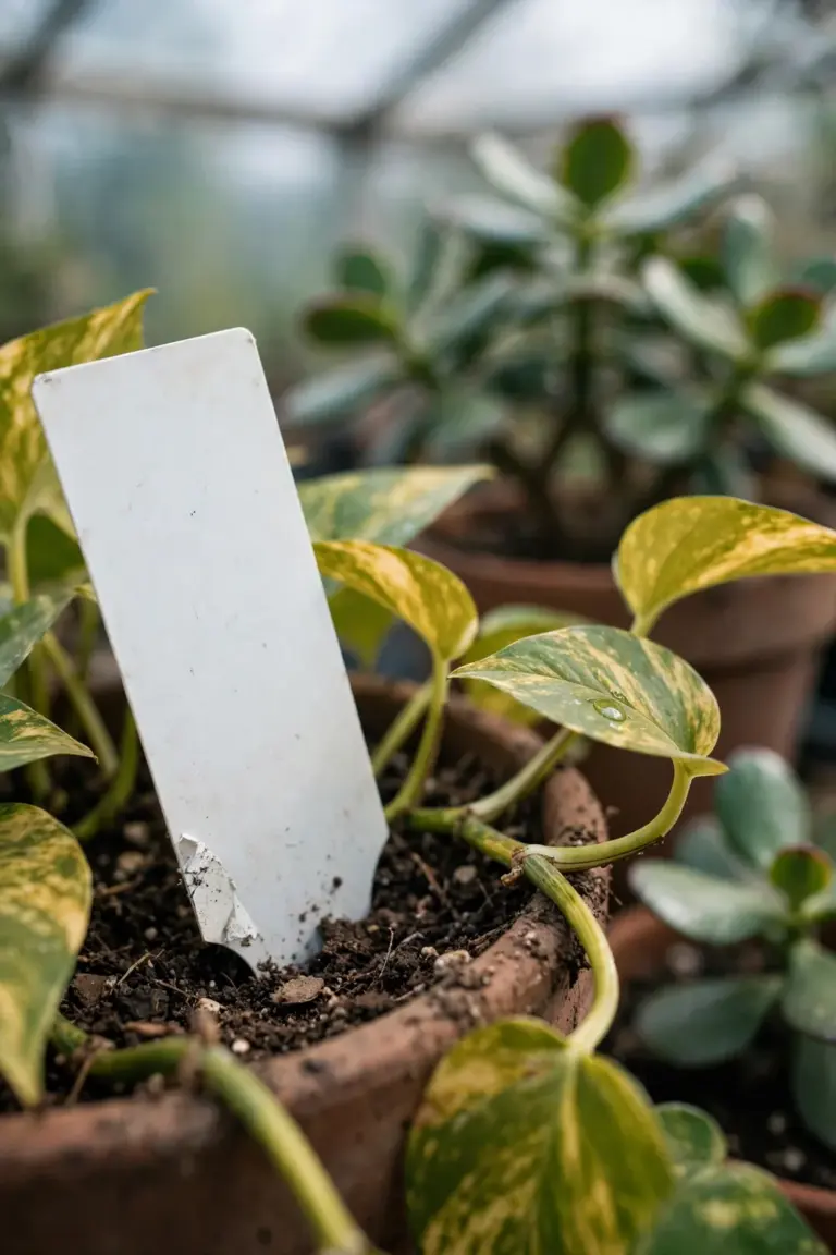 Nursery plant tag beside a trailing pothos vine in a plastic pot