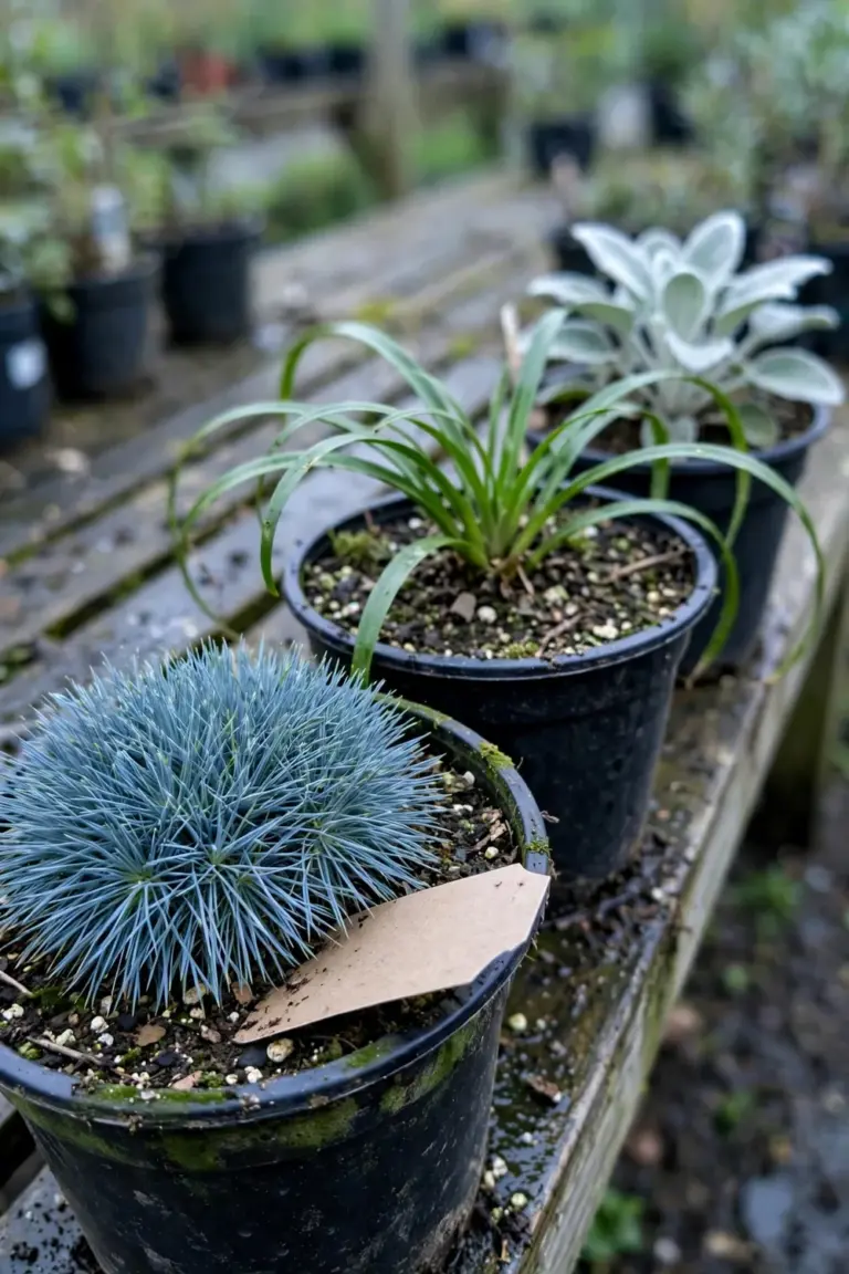 Three potted plants on a nursery bench: blue fescue, liriope and lamb's ear