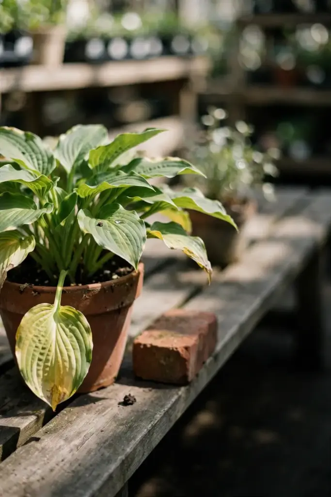 Potted hosta set apart on a nursery bench for inspection before purchase.