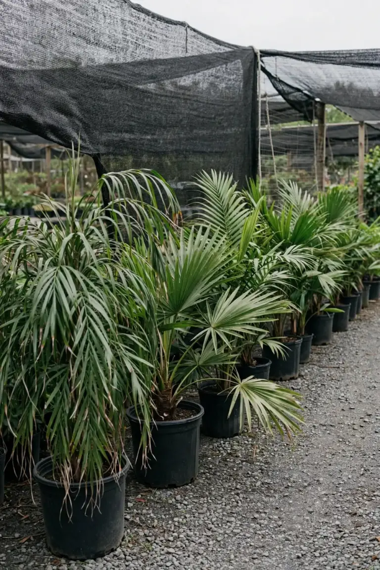 Row of potted palms in black nursery pots at a garden nursery