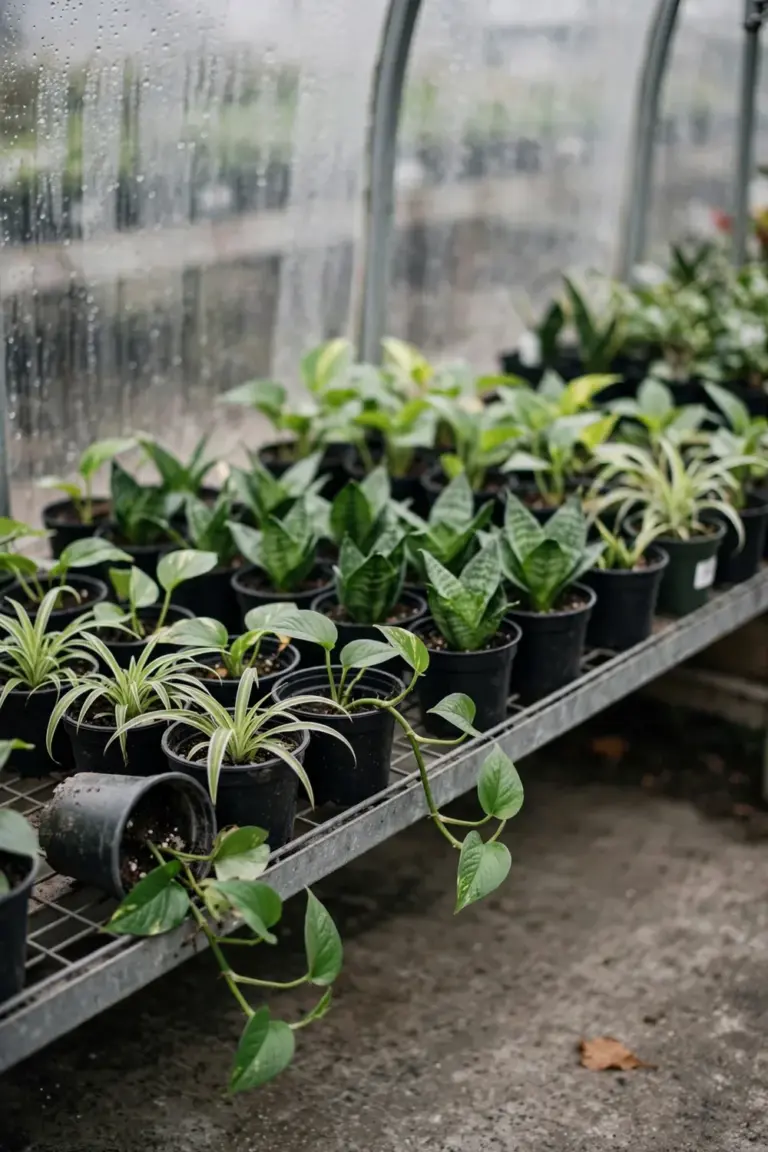 Garden center shelf of small inexpensive potted houseplants