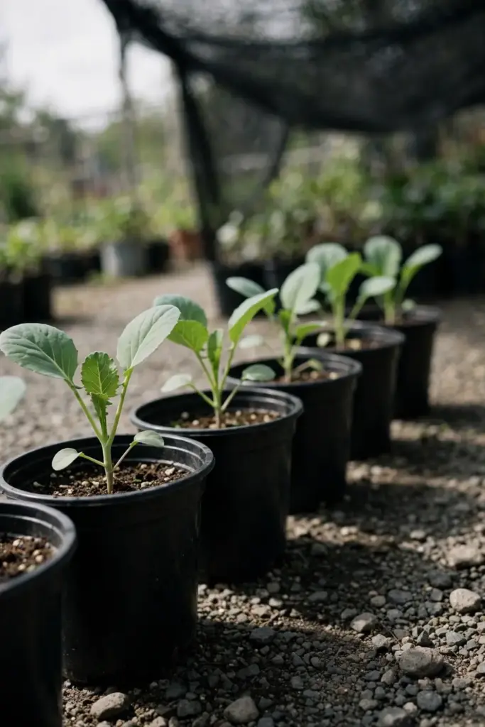 Young brassica transplants with clean leaves in nursery pots.
