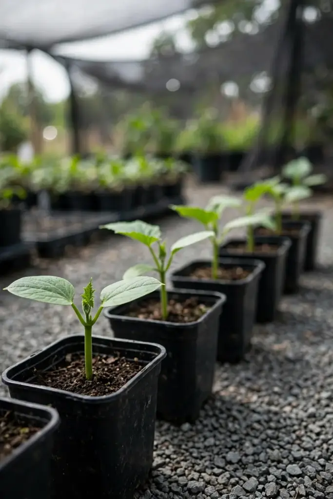 Young cucurbit transplants with clean leaves in nursery pots.