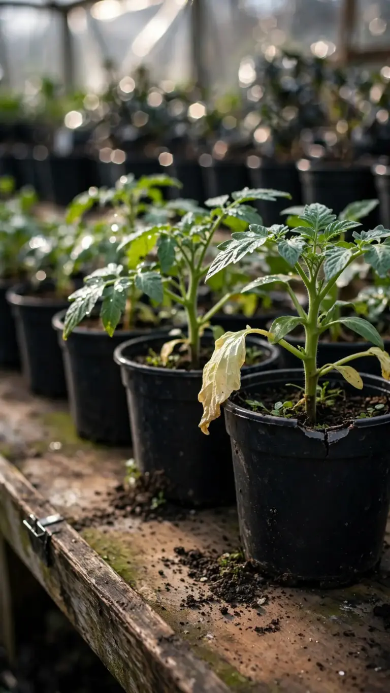Stocky vegetable transplants in plastic pots on a nursery bench