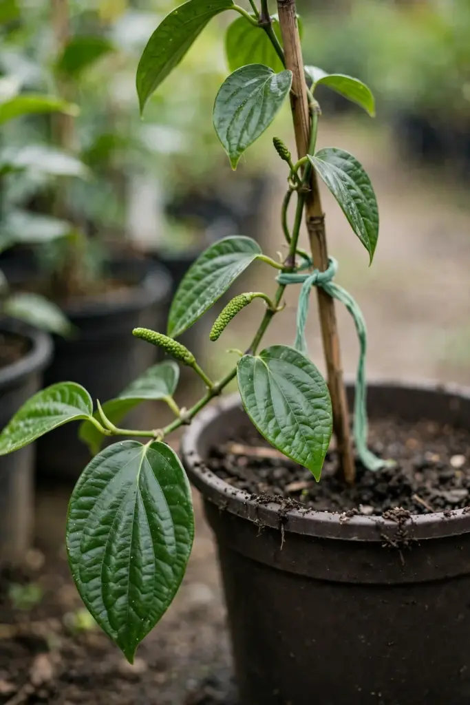 Young Javanese long pepper vine in a nursery pot already carrying green spikes