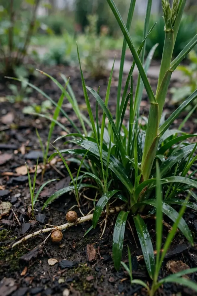 Nutgrass clump with glossy leaves and underground nuts beside a triangular stem
