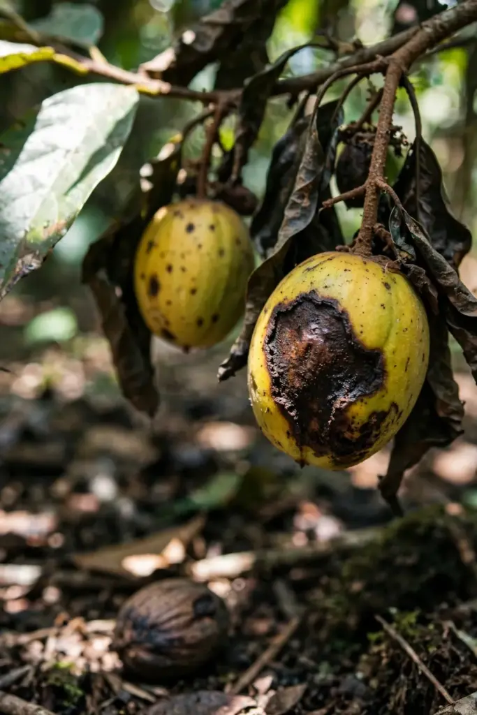 Fruit rot lesion on a developing nutmeg fruit on the branch