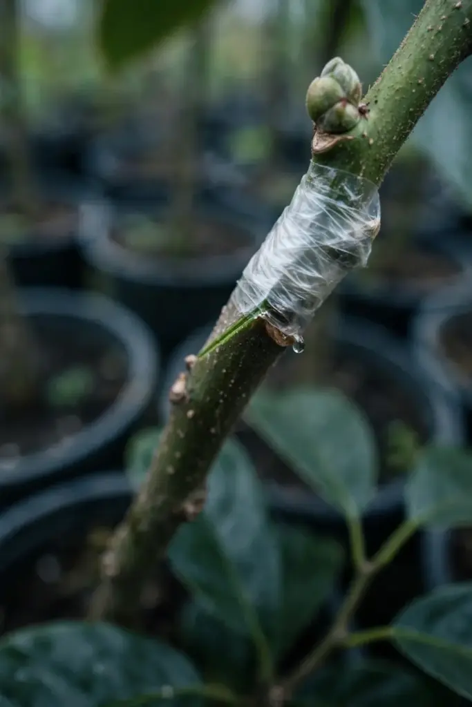 Fresh graft union wrapped in tape on a young nutmeg stem
