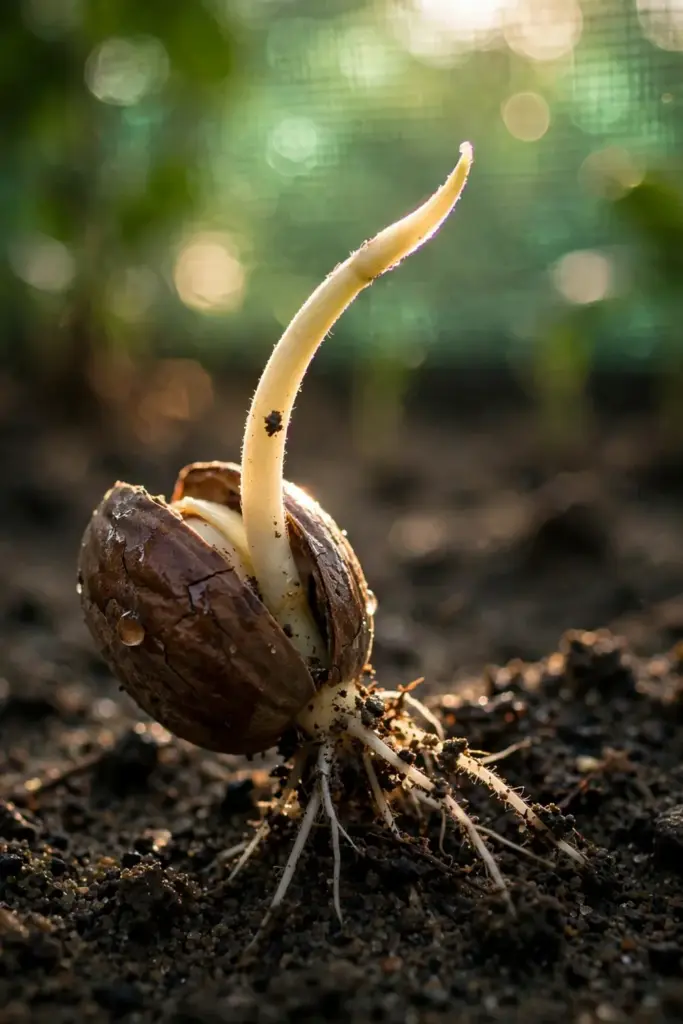 Nutmeg seed germinating in damp sand with pale sprout emerging