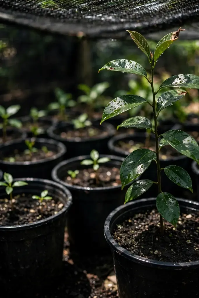 Young nutmeg seedlings in nursery pots under shade cloth